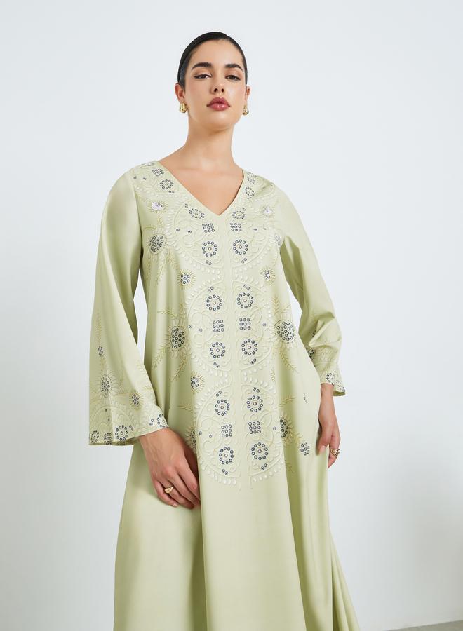Amirah Women Green Embroidered Jalabiya - Image 1